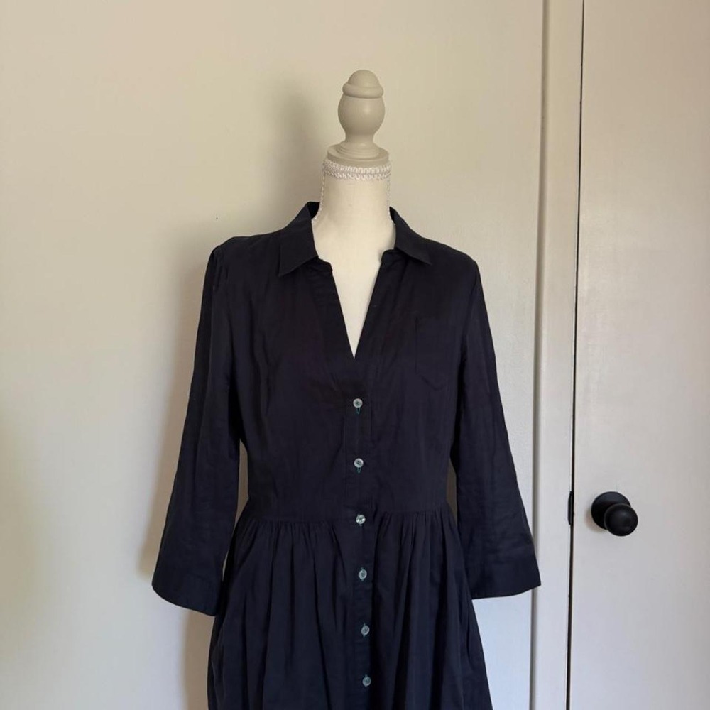 Moulinette Soeurs Anthropologie Navy Blue Cotton Button Front Shirt Dress 12 - Picture 2 of 6